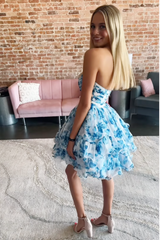 Blue Strapless A Line Floral Short Homecoming Dress/Mini Dress