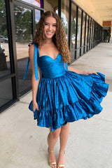 A Line Spaghetti Straps Blue Tiered Short Homecoming Dress/Mini Dress with Bows