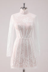 High-Neck White Lace Corset Mini Dress with Elegant Long Sleeves for Homecoming