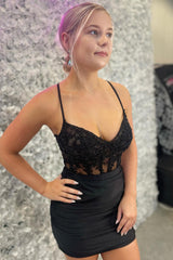 Sparkly Black Corset Tight Short Homecoming Dress/Mini Dress With Appliques