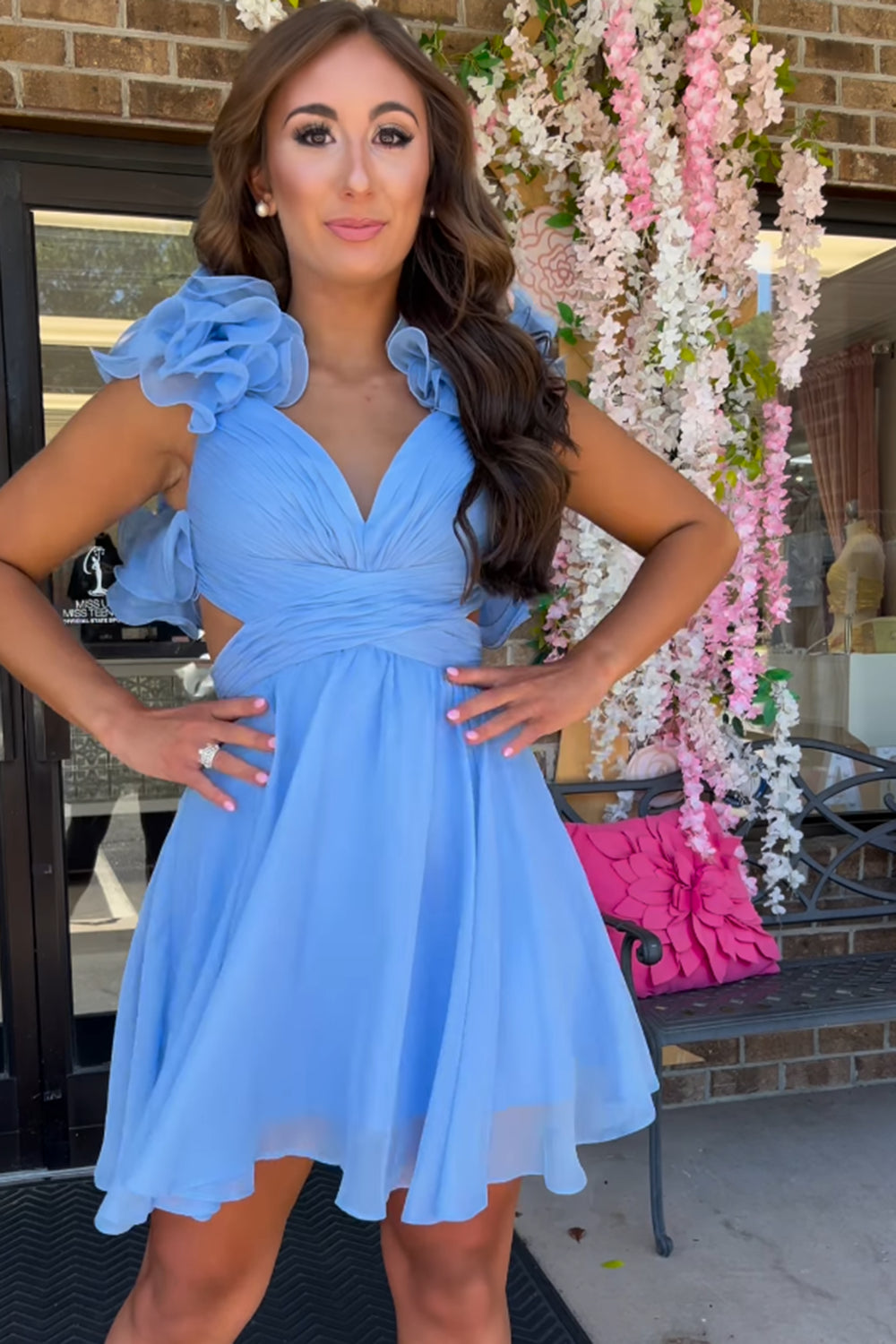A Line Blue Floral Short Homecoming Dress/Mini Dress