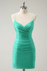 Sparkly Green Beaded Spaghetti Straps Tight Short Homecoming Dress/Mini Dress