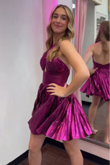 Golden Criss Cross Halter A Line Pleated Short Homecoming Dress/Mini Dress