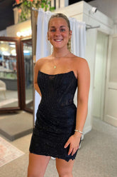 Sparkly Black Corset Strapless Tight Short Homecoming Dress/Mini Dress