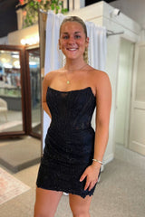 Sparkly Black Corset Strapless Tight Short Homecoming Dress/Mini Dress