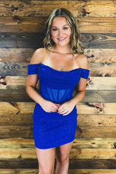 Royal Blue Sparkly Off The Shoulder Corset Tight Short Homecoming Dress/Mini Dress