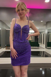Dark Purple Sparkly Corset Tight Short Homecoming Dress/Mini Dress With Beadings