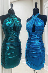 Emerald Green Cross Halter Satin Tight Short Homecoming Dress/Mini Dress