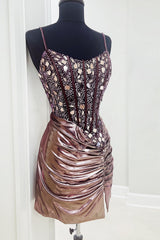Rose Gold Spaghetti Straps Mirror Tight Short Homecoming Dress/Mini Dress with Beading
