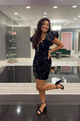 Black Mirror Tight Short Homecoming Dress/Mini Dress With Puff Sleeves