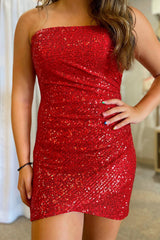 Red Sparkly Strapless Tight Short Homecoming Dress/Mini Dress with Sequins