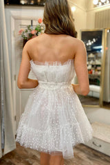 White Tulle Strapless A Line Short Homecoming Dress/Mini Dress with Polka Dots