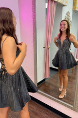 Sparkly Black Beaded A-Line Short Homecoming Dress/Mini Dress
