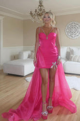 Hot Pink Spaghetti Straps High Low Homecoming Dress/Mini Dress