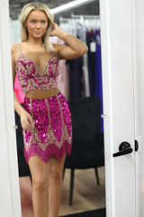 Sparkly Fuchsia Spaghetti Straps Bodycon Short Homecoming Dress/Mini Dress with Fringe