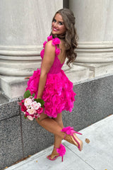 Fuchsia Corset Floral Ruffled Short Homecoming Dress/Mini Dress with Lace