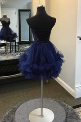 Sparkly Navy Beaded A Line Short Homecoming Dress/Mini Dress with Appliques
