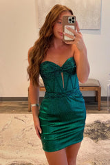 Sparkly Strapless Dark Green Corset Tight Short Homecoming Dress/Mini Dress