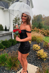 Sparkly Black Off The Shoulder Tight Short Homecoming Dress/Mini Dress with Fringes