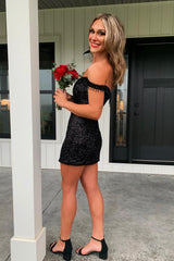 Sparkly Black Off The Shoulder Tight Short Homecoming Dress/Mini Dress with Fringes