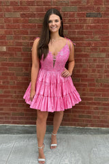 Fluffy Pink A Line Ruffled Short Homecoming Dress/Mini Dress with Lace