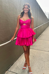 A-Line Fuchsia Strapless Pleated Tiered Short Homecoming Dress/Mini Dress