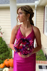 Sparkly Fuchsia Halter Tight Short Homecoming Dress/Mini Dress with Beadings