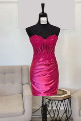 Fuchsia Strapless Tight Corset Short Homecoming Dress/Mini Dress with Lace