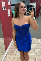 Fuchsia Strapless Tight Corset Short Homecoming Dress/Mini Dress with Lace