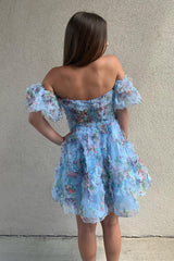Fluffy Blue Corset Off The Shoulder A-Line Short Homecoming Dress/Mini Dress