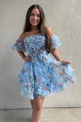 Fluffy Blue Corset Off The Shoulder A-Line Short Homecoming Dress/Mini Dress