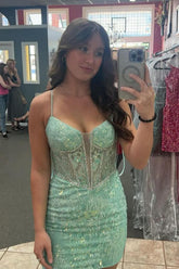 Sparkly Light Green Corset Tight Short Homecoming Dress/Mini Dress with Beadings