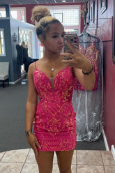 Sparkly Fuchsia Lace Up Back Tight Short Homecoming Dress/Mini Dress with Sequins