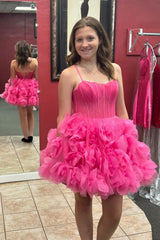 Fuchsia Corset Floral A-Line Short Homecoming Dress/Mini Dress with Lace