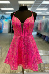 Sparkly Fuchsia A-Line Backless Short Homecoming Dress/Mini Dress