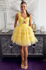 Yellow One Shoulder Ruffled A-Line Short Homecoming Dress/Mini Dress