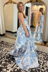 Elegant Sweetheart A-Line Corset Prom Dress in Blue Floral