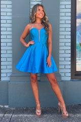 A-Line Royal Blue Strapless Corset Short Homecoming Dress/Mini Dress with Sleeves
