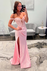Long Satin Prom Dress with Lace in Pink Off the Shoulder Corset Style