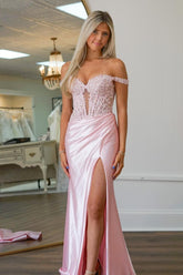 Satin Mermaid Prom Dress with Appliques in Blush Off-the-Shoulder Corset Style
