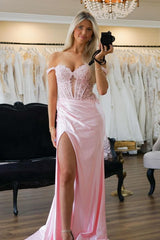 Satin Mermaid Prom Dress with Appliques in Blush Off-the-Shoulder Corset Style