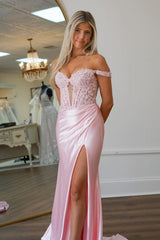 Satin Mermaid Prom Dress with Appliques in Blush Off-the-Shoulder Corset Style