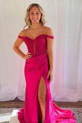 Long Fuchsia Satin Corset Prom Dress with Lace Off-the-Shoulder