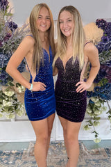 Sparkly Royal Blue Spaghetti Straps Velvet Tight Short Homecoming Dress/Mini Dress
