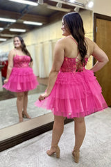 Hot Pink A Line Spaghetti Straps Corset Short Homecoming Dress/Mini Dress