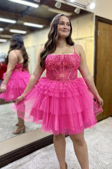 Hot Pink A Line Spaghetti Straps Corset Short Homecoming Dress/Mini Dress