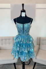 Sparkly Blue A Line Corset Tiered Short Homecoming Dress/Mini Dress