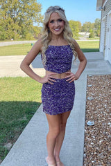 Sparkly Purple Spaghetti Straps Tight 2 Pieces Short Homecoming Dress/Mini Dress
