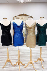 Spaghetti Straps Golden Bodycon Short Homecoming Dress/Mini Dress with Sequins