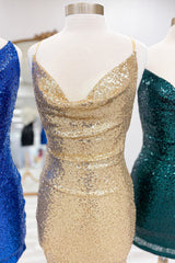 Spaghetti Straps Golden Bodycon Short Homecoming Dress/Mini Dress with Sequins